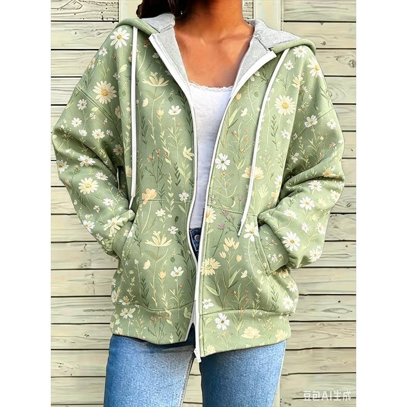 Zipper Splicing Fashion Loose Women's Casual Flower Print Hoodie Fashion Spring And Summer