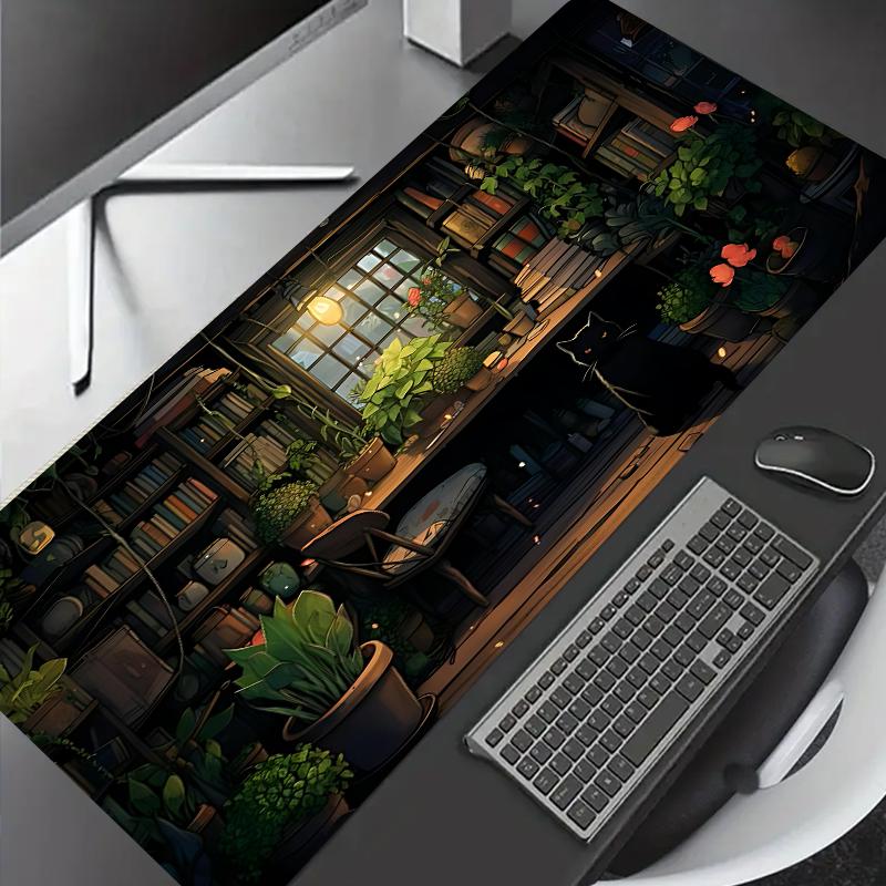 Large Gaming Mouse Pad 900x400 with Black Cat Green Plants Design Mouse Mat Non-Slip Rubber Stitched Edges Home Office Desk Pad