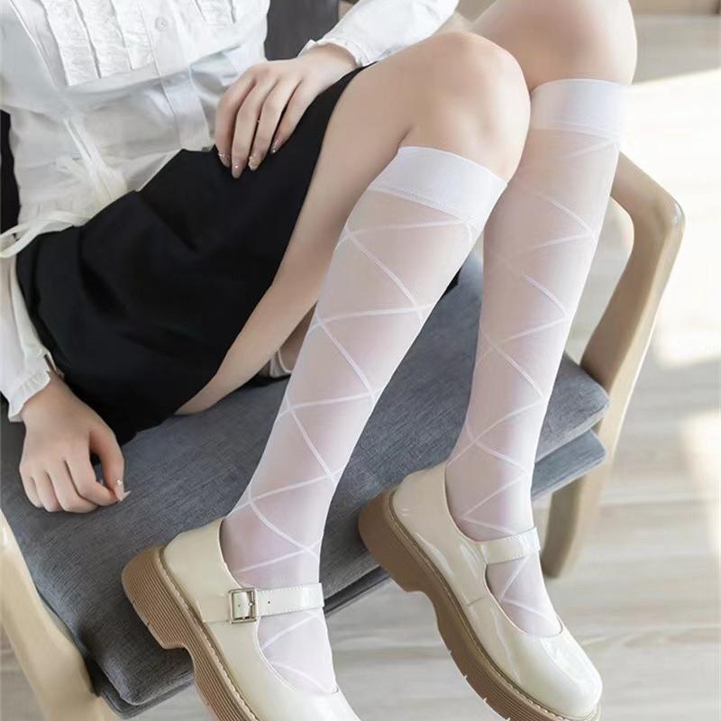 Criss Cross Pattern Calf Socks Dark Sheer All-match Knee High Socks Women's Stockings  Hosiery