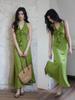 Er Yang Design French Floral Green Halter Neck Maxi Dress, V-neck Sleeveless Long Dress for Women