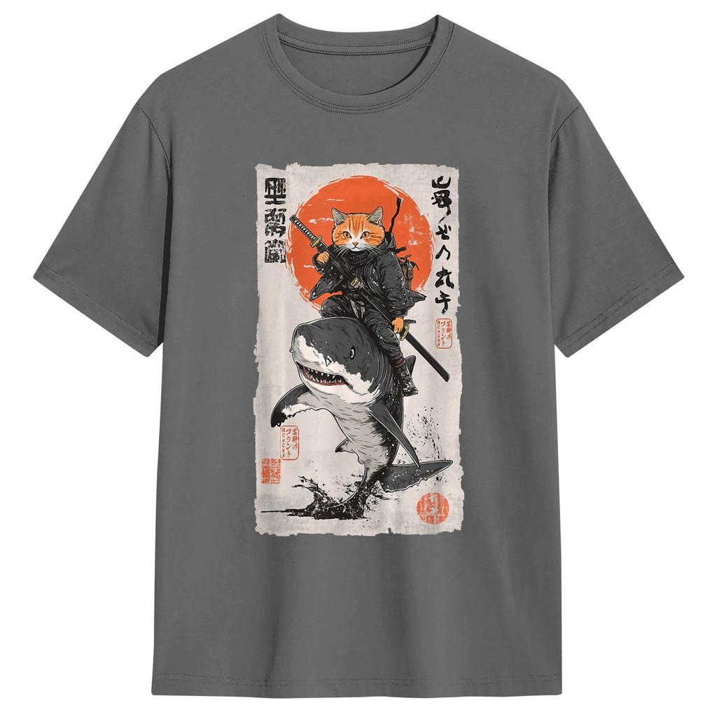 Ukiyoe Art Japanese Cat Riding T Shirt Unisex Pure Cotton Fashion Male Tshirts O Collar Tee Shirt Short Sleeve Clothing Present