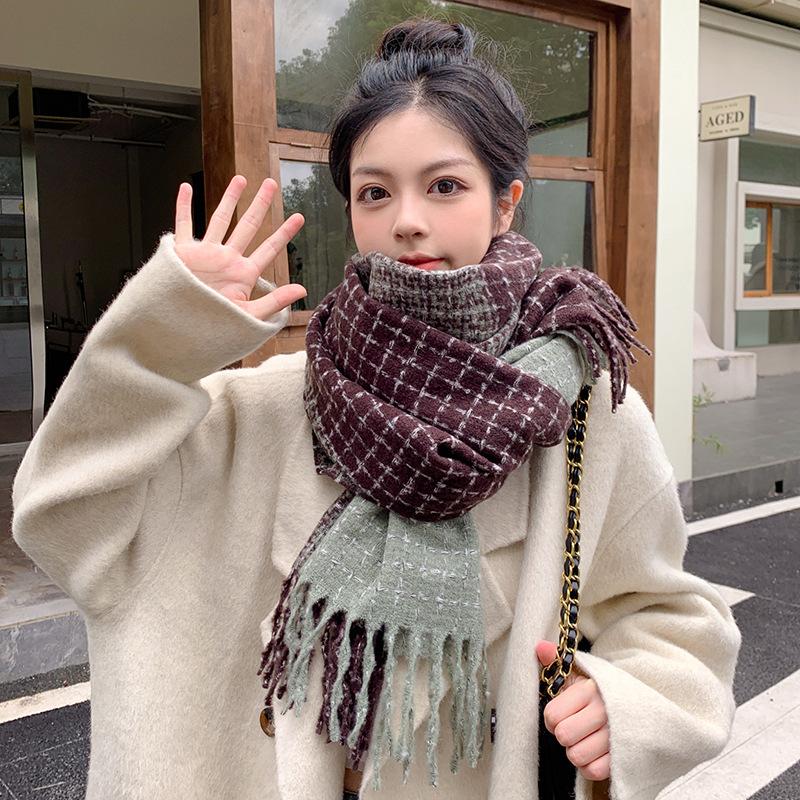 Japanese Korean Style Soft Tassel Color-Block Plaid Scarf Women Men Warm Neck Wrap Atmosphere Shawl