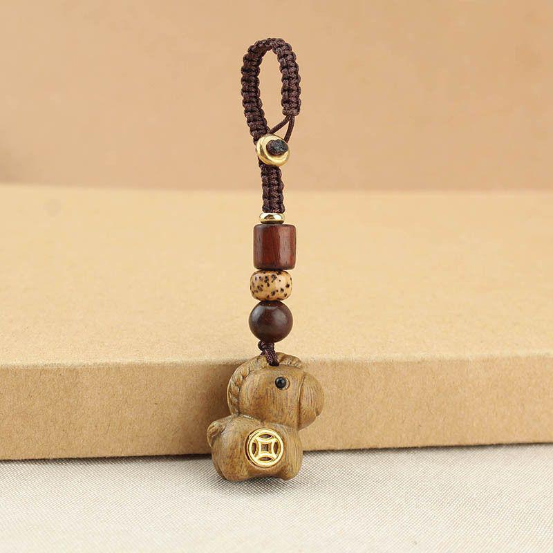 Chinese Style Sandalwood Horse Copper Coin Keychain & Phone Charm