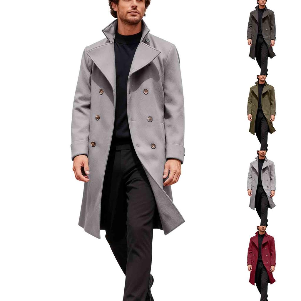 Men's British Solid Color Long Coat Fashionable Warm Woolen Overcoat