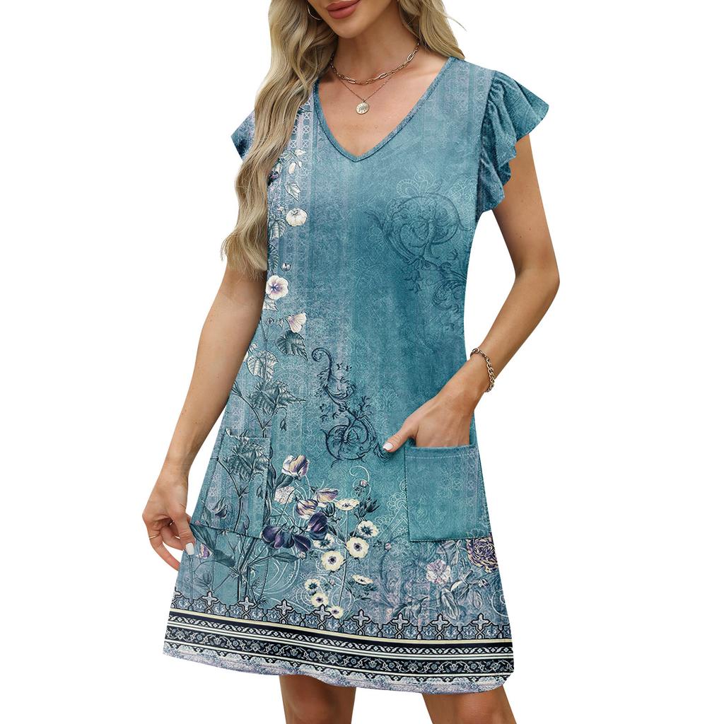 Womens Summer Dress Ruffle Sleeve V Neck Short Dresses Fashion Casual Flowy A Line Swing Sundress With Pocket