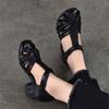 Johnature Genuine Leather Retro Round Toe Middle Heel Sandals Versatile Comfortable Thick Heel Women's Shoes