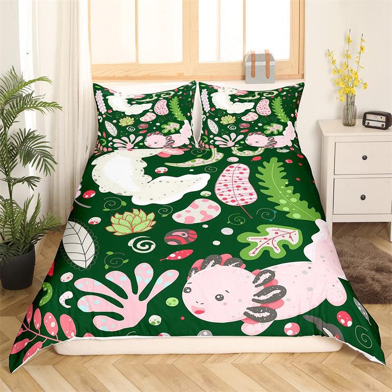 Kawaii Axolotl Bedding Set Queen For Girls Boys Teens Cute Cartoon Reptiles Animal Duvet Cover Galaxy Starry Sky Comforter Cover