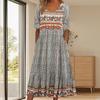 Lady Midi Dress Round Neck Colorful Flower Printing Double Slip Pockets Short Sleeves Dress Up Bohemian Loose Hem Lady Summer Dress Female Clothing