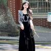 Women's Korean Style Autumn Ruffle Gold Velvet Strap Dress & Grey Knit Long Skirt Set