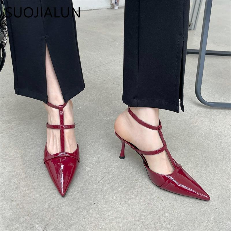 Mode SUOJIALUN 2025 Frühling Neue Spitzschuh Damen Sandale Mode Knöchelriemen Dünner Hoher Absatz Damen Elegante Pumps Kleid Slingback Schuhe