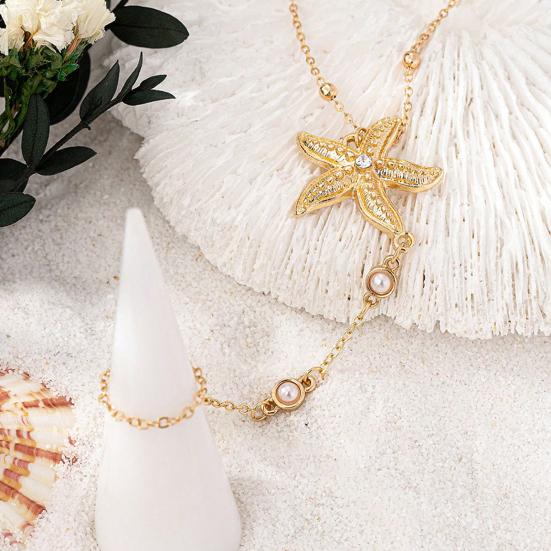 Starfish Charm Hand Chain Bracelet for Women, Adjustable Faux Pearl Finger Ring Bracelet, Non Tarnish Golden-Plated Chain Bracelet Jewelry