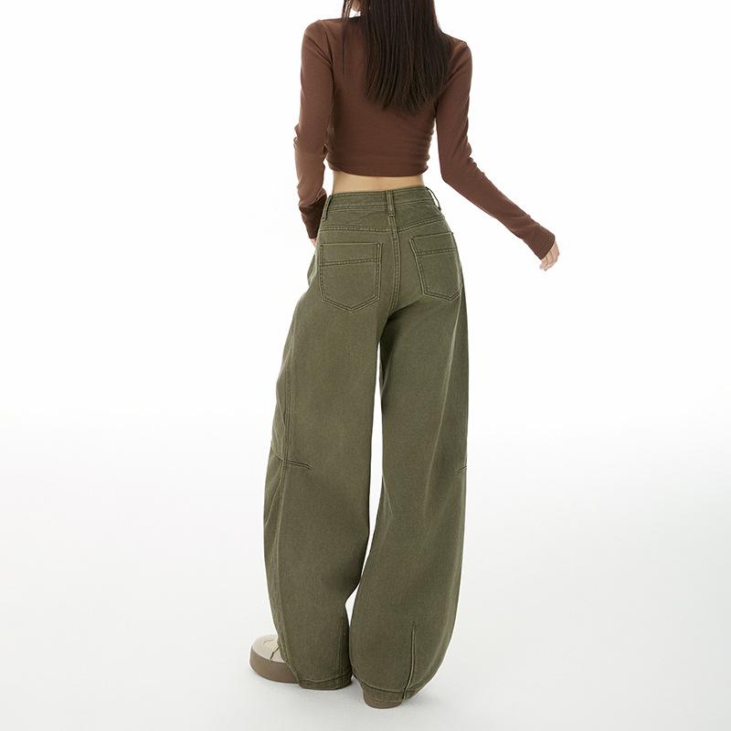 American Retro Military Green Tooling Scimitar Jeans Women's Autumn and Winter New Relaxed High-waisted Loose Wide-leg Pants