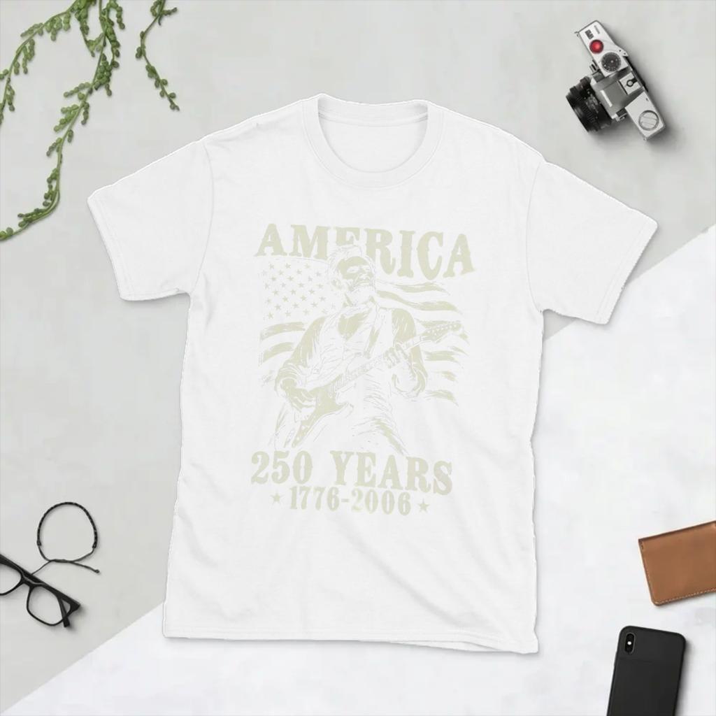 Abraham Lincoln Playing Guitar 4th July 250th Anniversary Unisex T Shirt Vintage Tees Short Sleeve TShirts Pure Cotton Clothing
