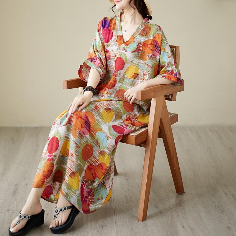 Real Shot Summer Thin V-neck Cotton and Linen Large Size Loose Literary Holiday Style Beach Dress Long Women