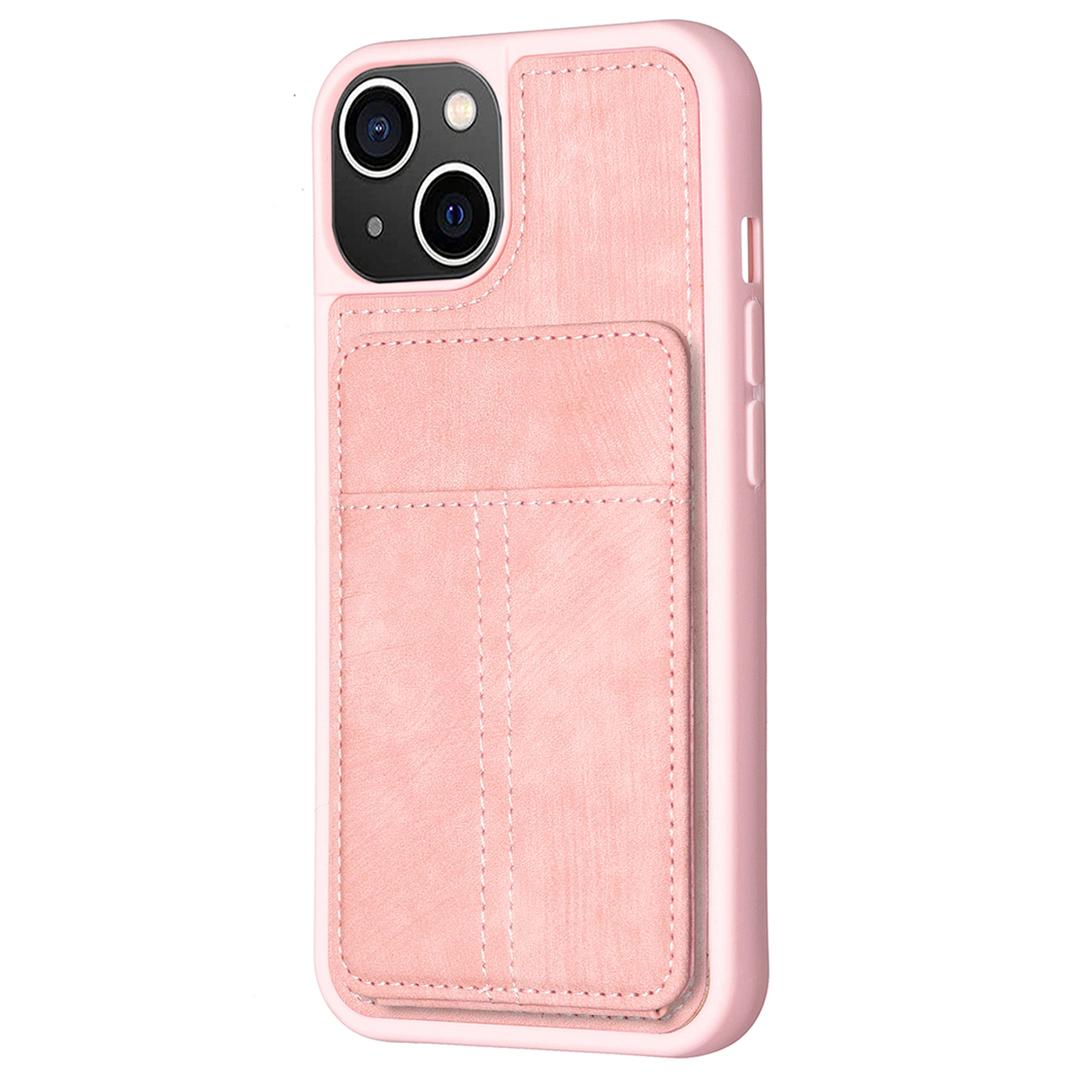 

BF28 For iPhone 15 Kickstand Case Matte PU Leather Coated TPU Phone Cover with Card Holder Pink