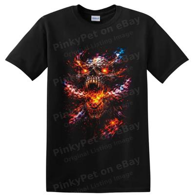 Flaming Skull T Shirt Gothic Horror Fire Art W/ Glowing Eyes Graphic Tee Design