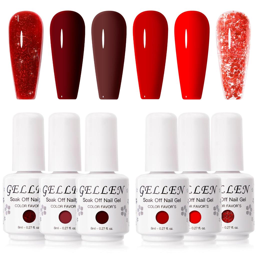 Gellen Color Gel Set Red Glitter Gel Nail Set for Party Nails Compatible Salon Quality 6-Color (8ml each) - - - UV/LED - Soak-Off -