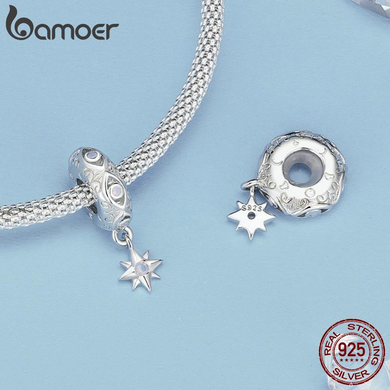 BAMOER 925 Sterling Silver Wing Heart Series Guard of Love Moonstone Charms for Women Original Bracelet Fine Jewelry