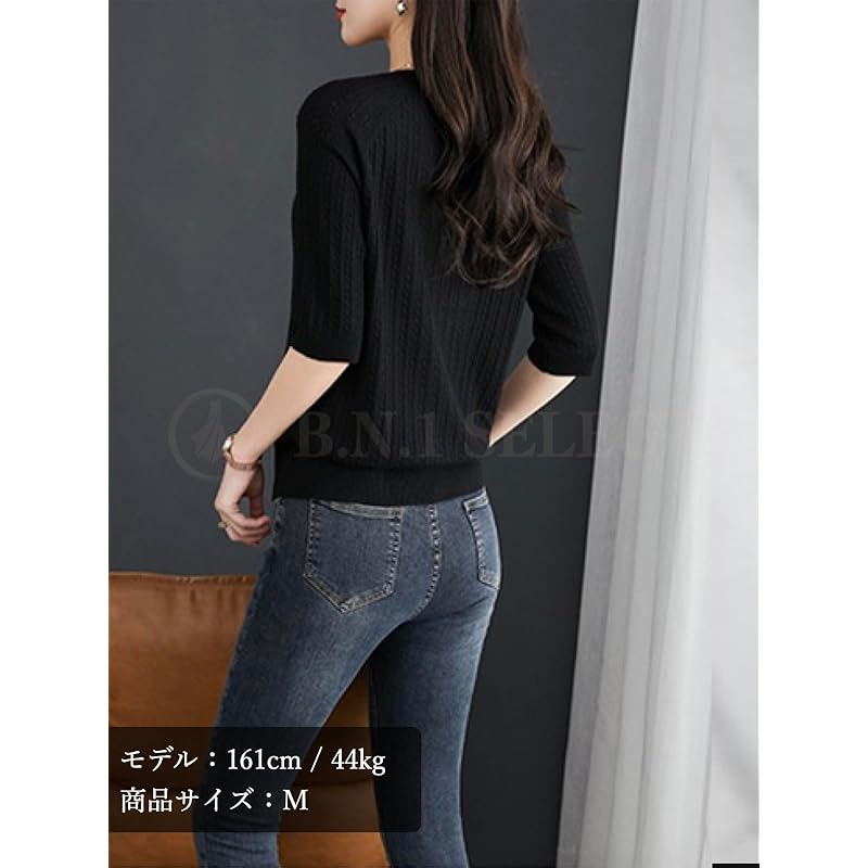 [BN1 Select] Knit Short Sleeve Ladies Spring Summer Autumn Clothes Beautiful Sweater Crew Neck Tops Cable Knitting Thin Women's Clothing 30s 40s 50s