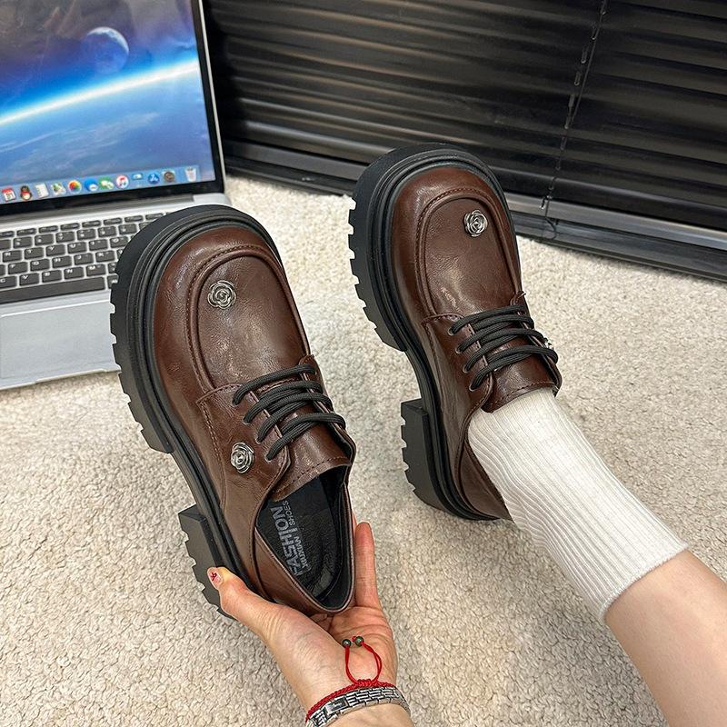 British Style Platform Rose Small Leather Shoes Spring 2025 New College with Skirt Retro Height-increasing Single Shoes Women