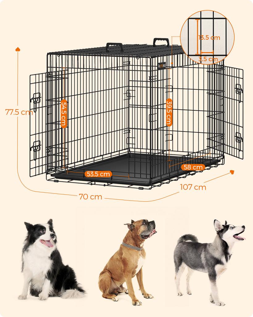FEANDREA Dog Crate, Foldable, 107 cm, 2 Doors, XL, Black