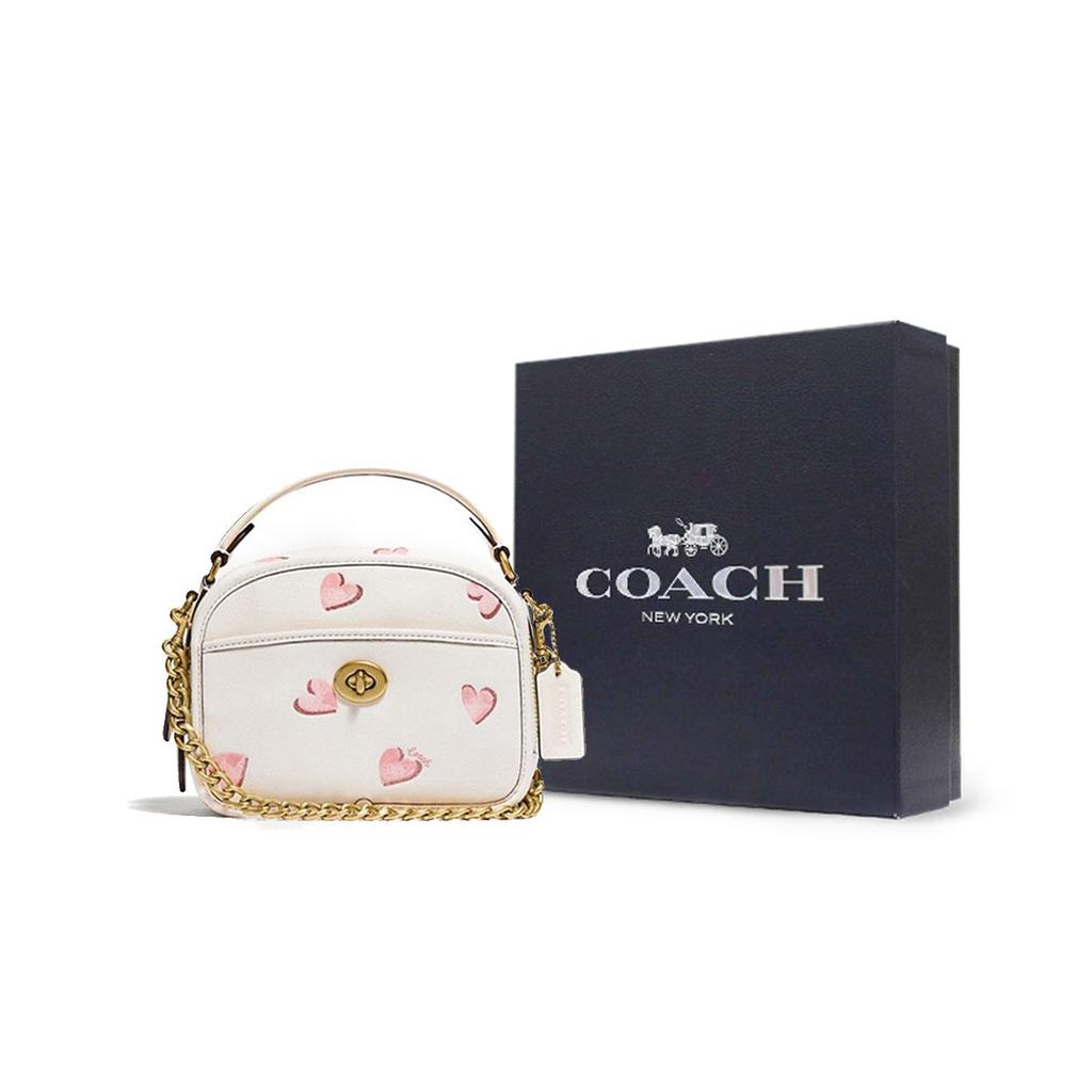 Coach Lunchbox 17 Top Handle Fashion Heart Print Leather Shoulder Handbag Women Handbag White C3920-B4HA