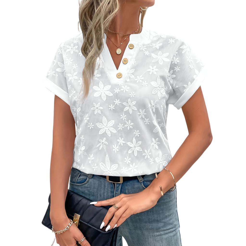 Fashion Women Stand Collar Short Sleeve Button Down Long Sleeve T Shirt