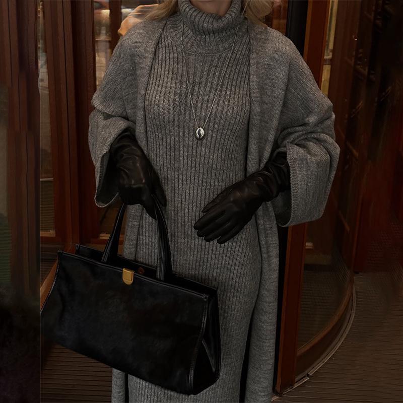 2025 Herbst/Winter Damen Slim-Fit Rollkragen Langkleid Cardigan Pullover Set