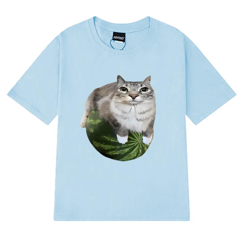 Funny Watermelon Cat Silly Cat Meme Printed T Shirt 2025 New Men Women Oversized Short Sleeve T-shirts Unisex 100% Cotton Tops