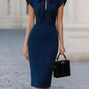 Women's Midi Dress Bow Tie Neck Cap Sleeve Bodycon Slim Fit Elegant Office Dress