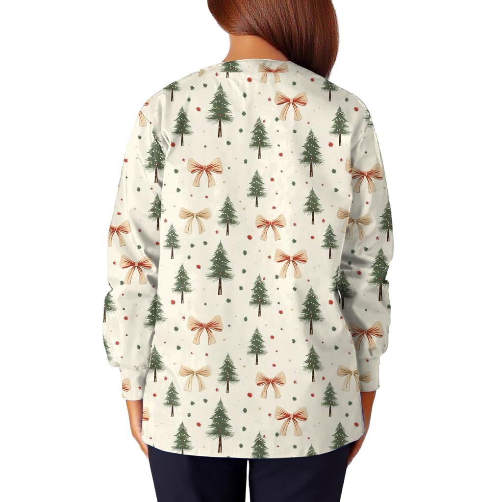 Women's Casual Fashion Long Sleeve Standing Collar Single Breasted Christmas Print Workwear Jacket Tops