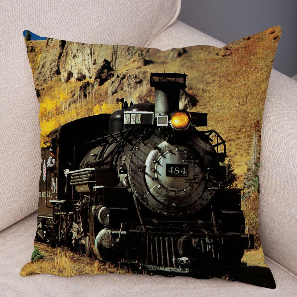 Vintage Style Steam Train Pillow Case Decor Retro Colorful Car Cushion Cover Super Soft Plush Pillowcase for Sofa Home Xcm