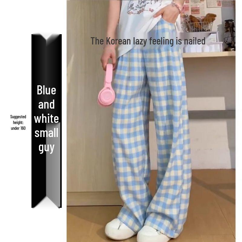 

Korean-Style Plaid Blue & White High-Waist Wide-Leg Pants for Women - Summer Casual Loose Fit XL (116-125 jin)