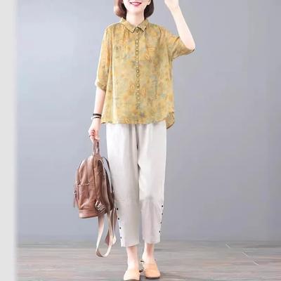 Women Fashion Cotton Linen 2PCS Retro Female Advanced Printing Two-piece Set Spring Summer Ladies Short Sleeves Thin Suit
