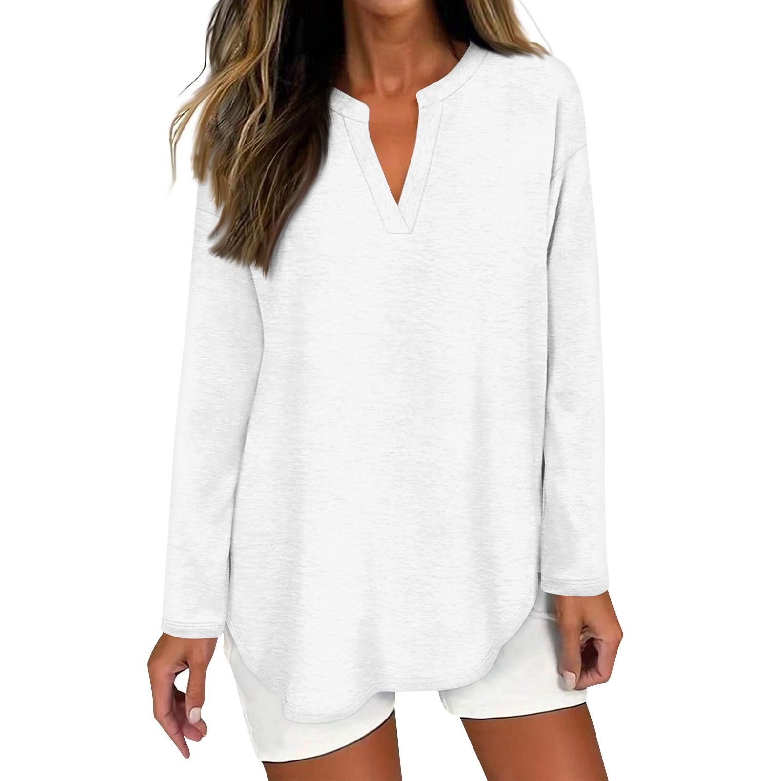 

Женская футболка однотонная с длинным рукавом повседневная модная базовая футболка с V-образным вырезом и изогнутым подолом XL белый