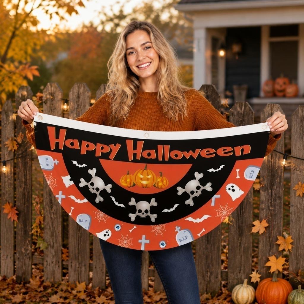 Halloween Pumpkin Half Circle Fan Shaped Banner Outdoor Yard Hanging Decoration Garden Fence Party Setup 45cmx90cm Durable Material
