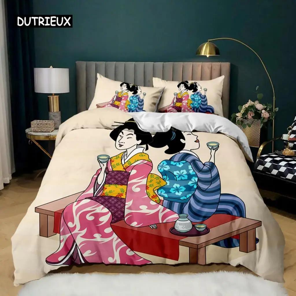 Japanskt Element Påslakanset Geisha Japansk Kultur Tema Enkelsängset Dubbel Queen King Size Polyester Täcke