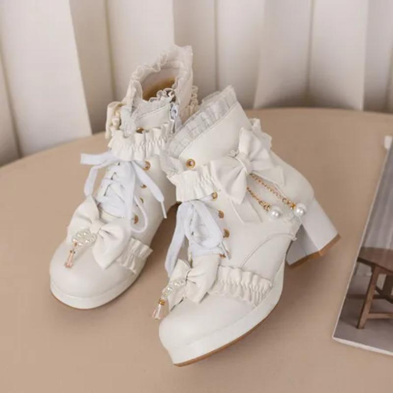 Lolita Great Quality Block High Heels Women Ankle Boots White Shoes Lace Decor Lace Up Chunky Heeled Bow Boots for Women