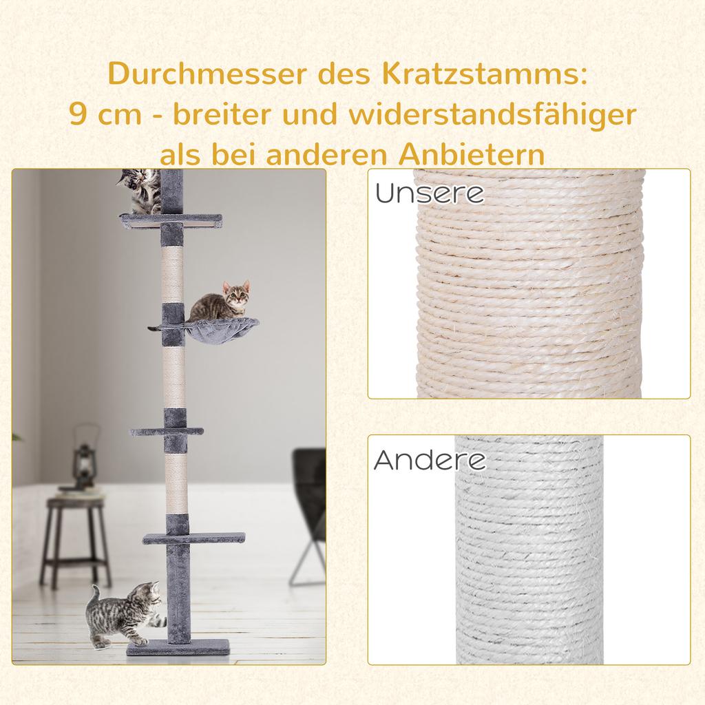 Floor to Ceiling Cat Tree 230-260cm Height Adjustable, 5-Tier Cat Tower with Scratching Posts, Hammock, Perches