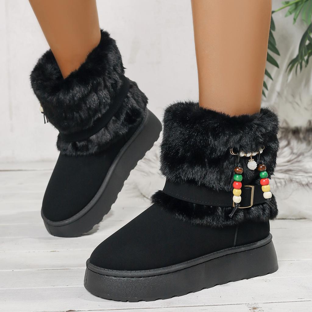 Fashion 2025 Winter Fashion Faux Fur Non Slip Snow Boots Women Colorful Bead Decoration Thick Bottom Boots Short Plush Ankle Booties