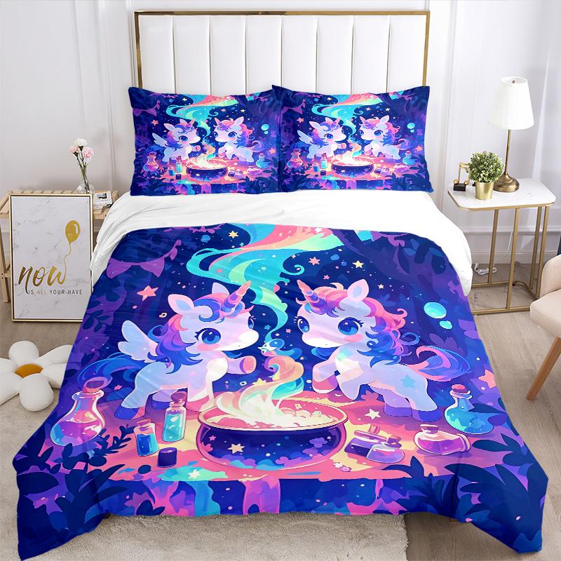 3pcs Magic Potion Two Unicorns Quilt Cover Set - Soft and Cozy Bedroom, Guest Room and Dorm Decorative Bedding 3-Piece Set 1 Quilt Cover + 2 Pill