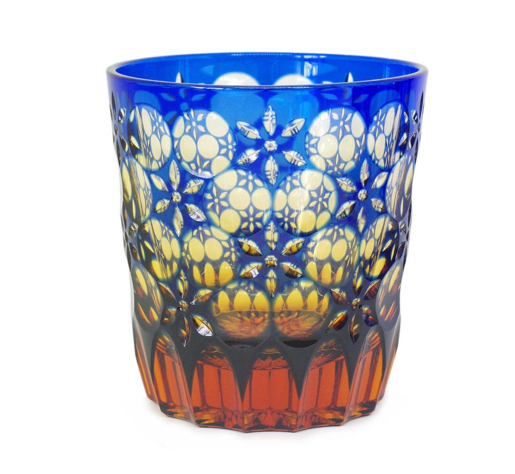 Oba Glass Rocks Glass In Wooden Box Created by Traditional Craftsman Edo Kiriko In Old Glass X Height Birthday Present Gift (Kaleidoscope/Ruri Amber)