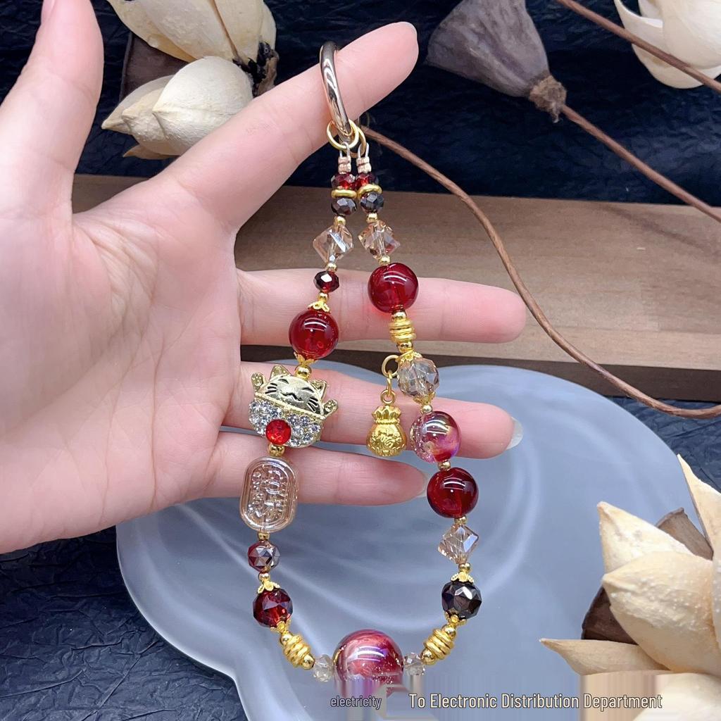 Retro Chinesischer Stil Glückskatze Kristall Perlen Handy Lanyard und Armschmuck