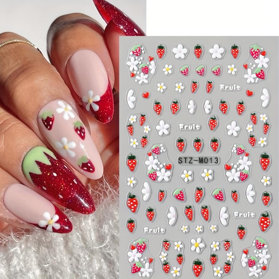 5D Cute Strawberry Nail Art Decals Summer Fruits Cherry Simple Daisy White Flowers Adhesive Sliders Stickers for Nail Manicures Tips