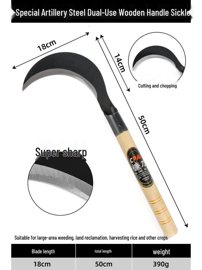 All-Steel Curved Manganese Sickle: Dual-Use Agricultural and Outdoor Weeding Tool
