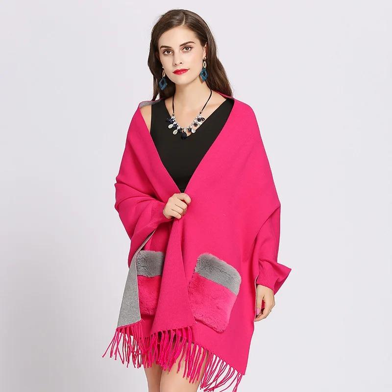 Winter Faux Cashmere Poncho Loose Streetwear Women Batwing Sleeve Shawl Capes Fur Pocket Female Oversize Tassel Knitted Cloak