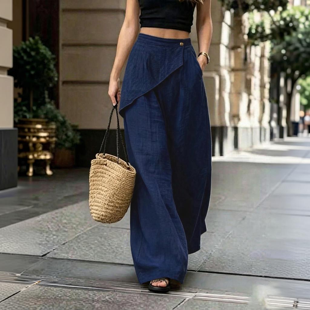 Women's Color Elastic Waist Wide Leg Casual Pants with Irregular Hem