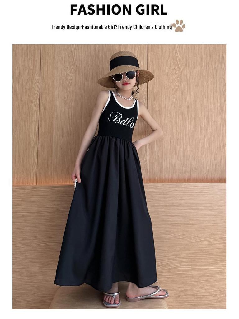 Korean Style Fashionable Solid Color Vest Dress for Kids - Summer Princess Letter Dress