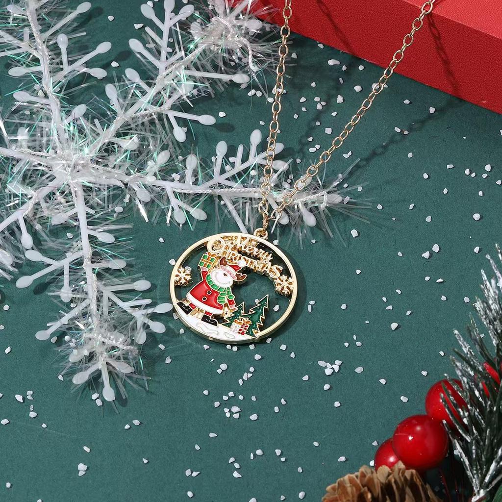 Round Santa Pendant Gold Necklace, Stylish and Exquisite Christmas Accessories Gift