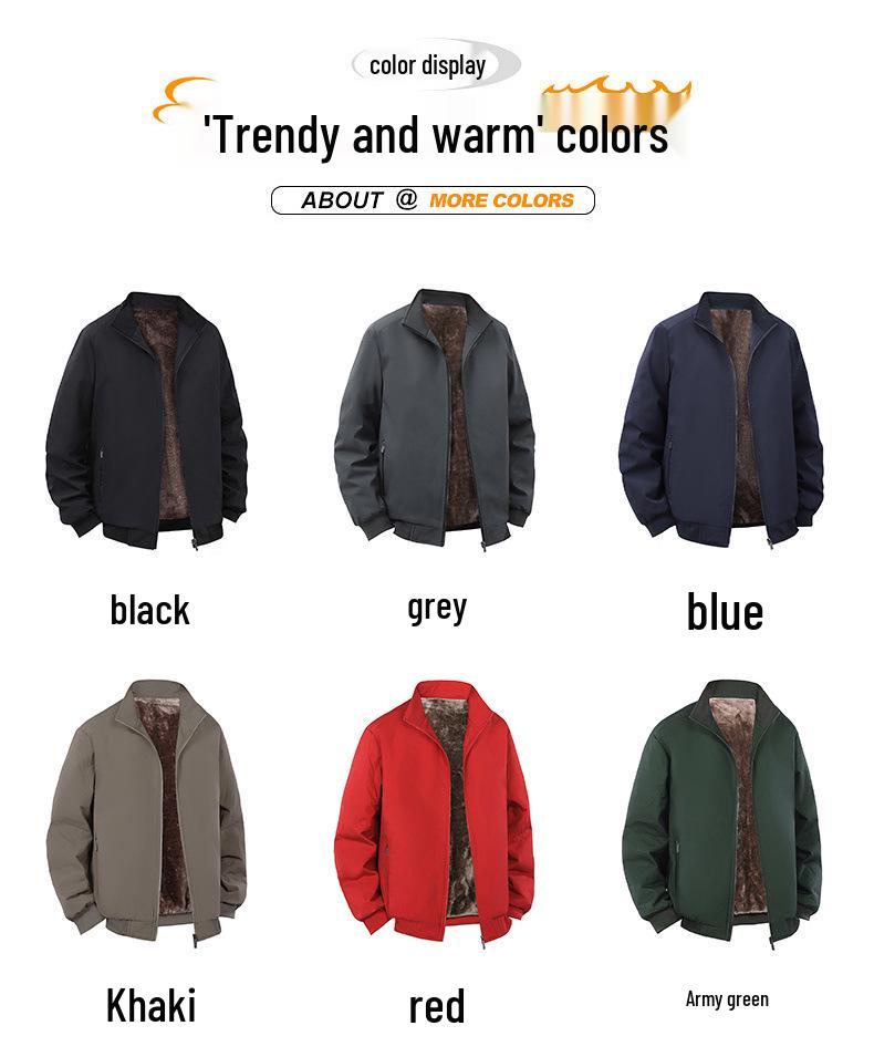 Men's Plus Size Winter Cotton Jacket for Middle-Aged & Elderly Dads, Velvet Lined, Thickened, Padded, Stand-up Collar
